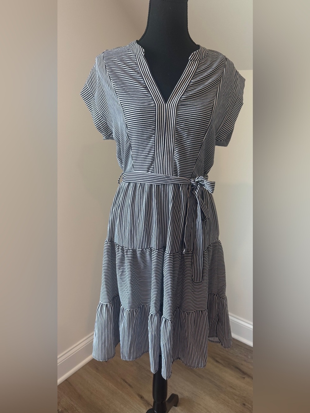 Monteau Striped Midi Dress Tie Waist Tiered Casual Chic Large NWT‎